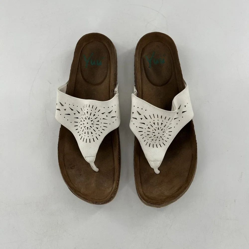 Yuu Womens White Flip Flop Thong Cork Flat 8 Sandal Philis Sunburst Cutout 9.5 M